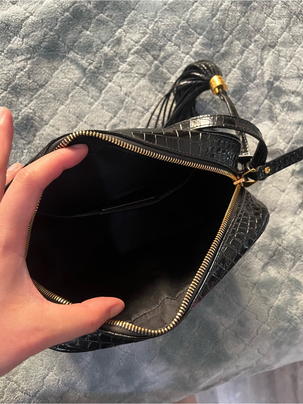 Saint Laurent Black Croc-Embossed Leather Camera Bag with Gold YSL Hardware - Picture 6 of 9